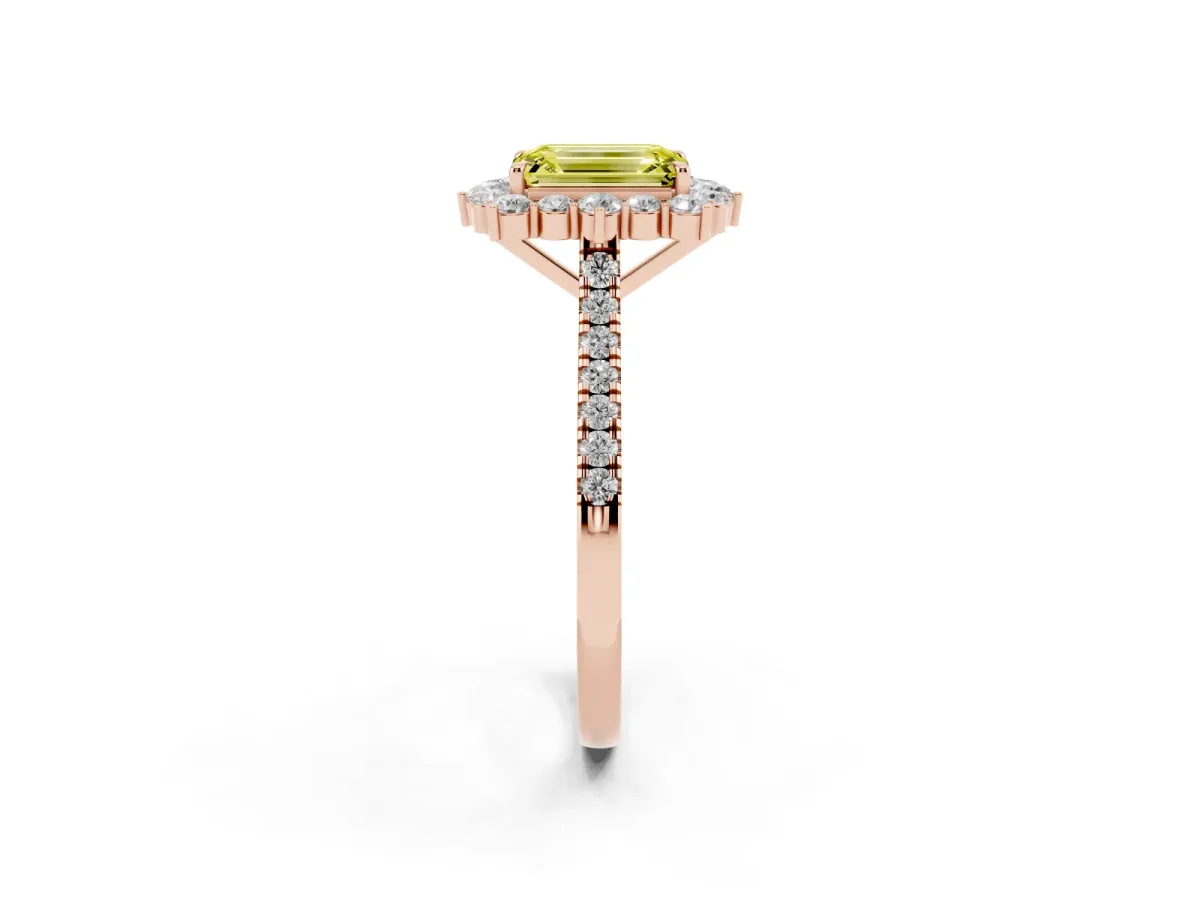 Fancy Yellow Emerald Cut Halo Diamond Ring with Pavé Band and Prong Setting Rose gold