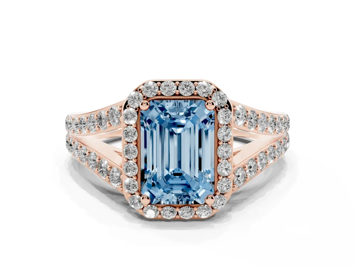 Fancy Blue Emerald Cut Diamond Split Shank Halo Ring with Four-Prong Setting Rose gold