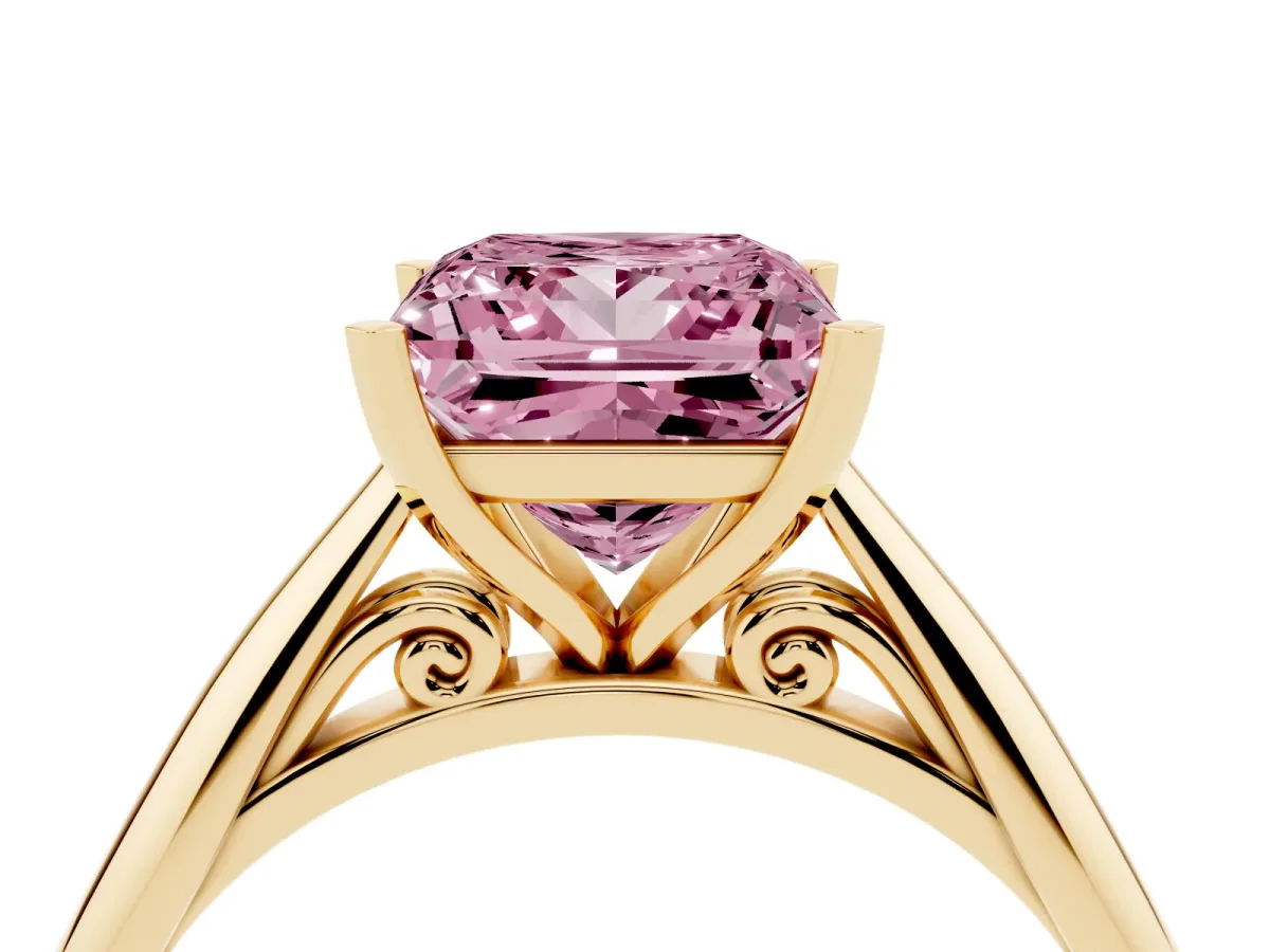 Fancy Pink Princess Cut Diamond Solitaire Engagement Ring with Cathedral Setting and Four-Prong Mount Yellow gold