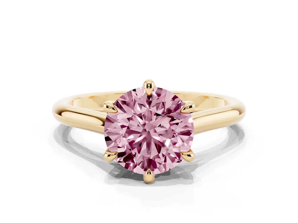 Fancy Pink Round Cut Solitaire Engagement Ring with Six-Prong Setting and Classic Band Yellow gold