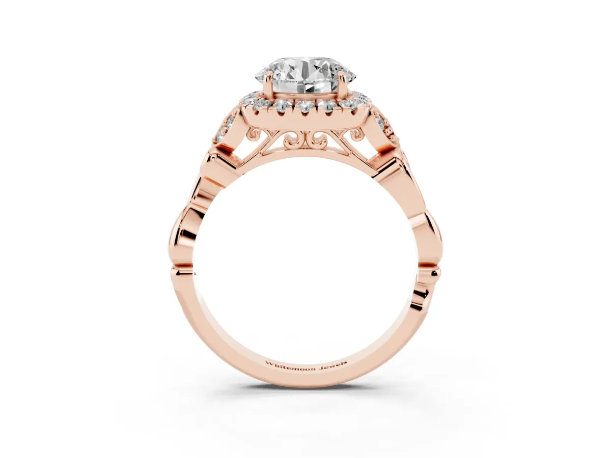 Round Cut Halo Diamond Engagement Ring with Vintage-Inspired Band and Four-Prong Setting Rose gold