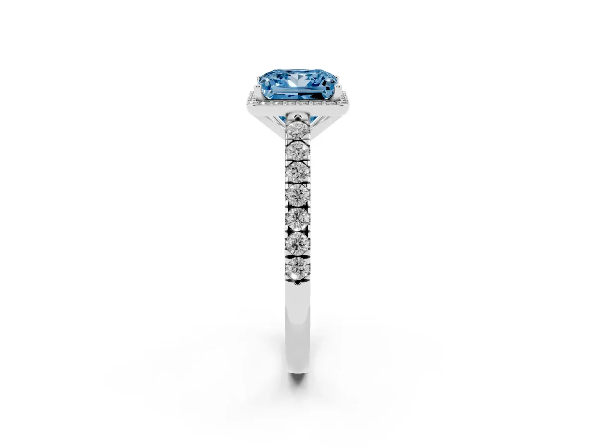 Fancy Blue Princess Cut Cut Halo Diamond Engagement Ring with Pave Band and Four-Prong Setting White gold