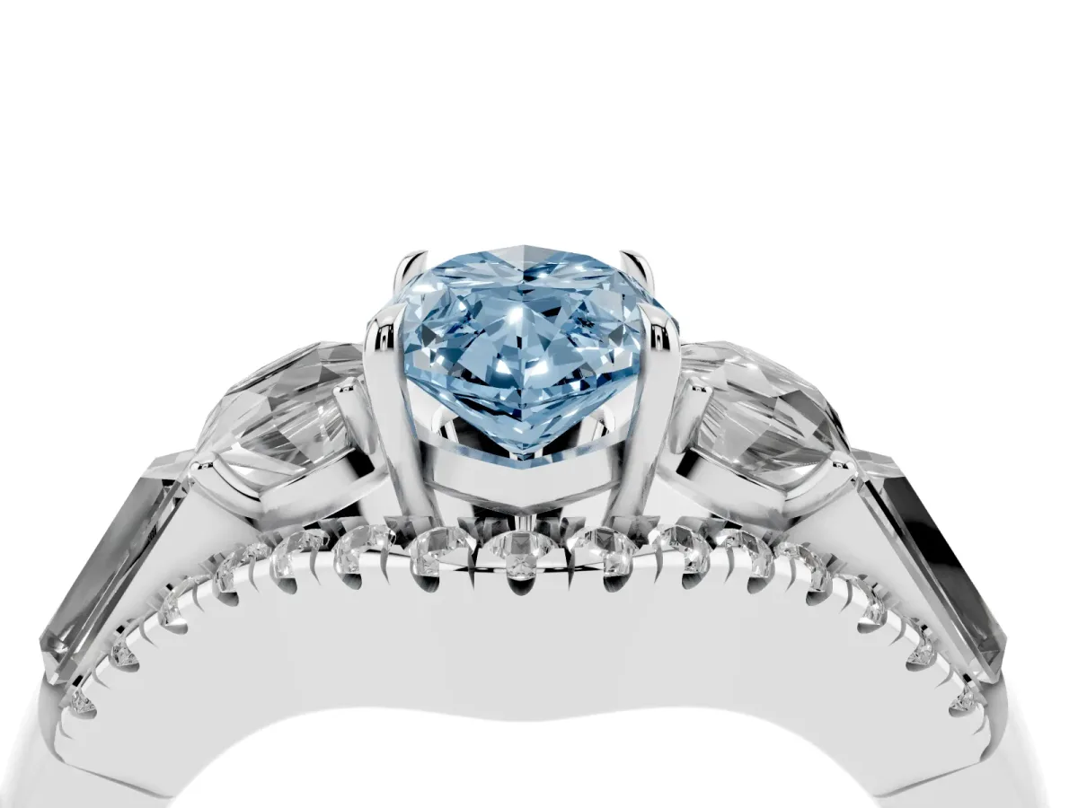 Fancy Blue Three-Stone Marquise Cut Diamond Engagement Ring with Pave Band and Prong Setting Silver