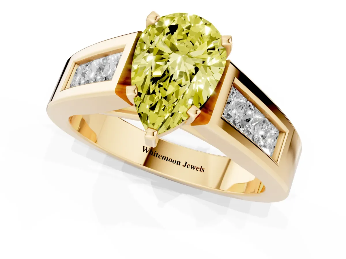 Fancy Yellow Pear Cut Cut Channel Set Solitaire Ring with Four-Prong Setting Yellow gold
