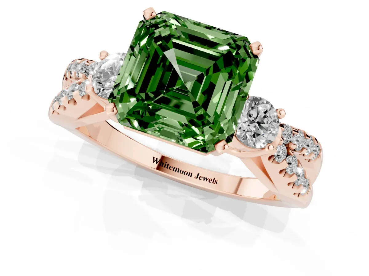 Fancy Green Asscher Cut Diamond Three-Stone Ring with Pavé Split Shank and Four-Prong Setting Rose gold