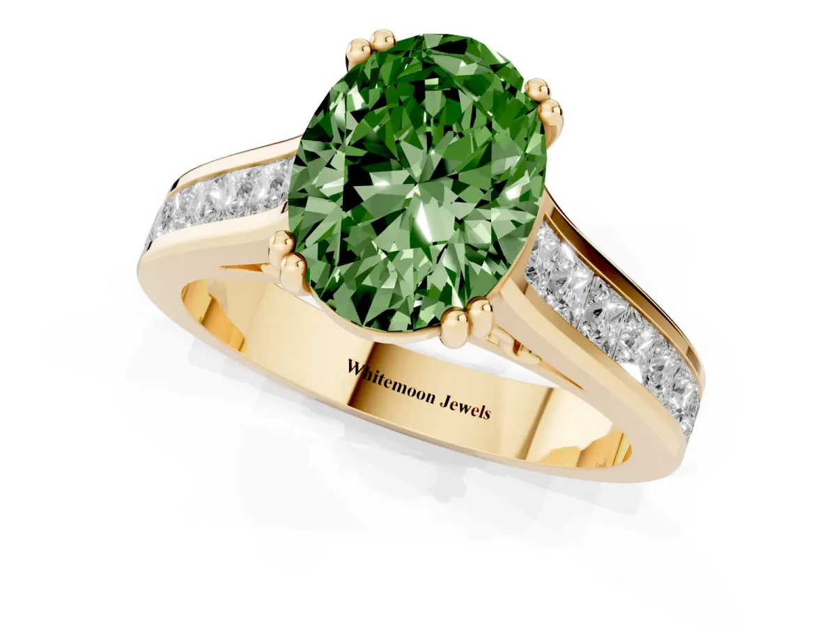 Fancy Green Oval Cut Cut Channel Set Solitaire Engagement Ring with Prong Setting Yellow gold