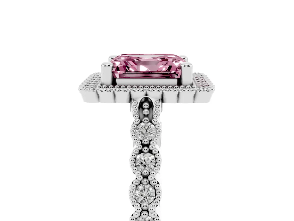 Fancy Pink Asscher Cut Cut Halo Pavé Solitaire Ring with Milgrain Band Platinum