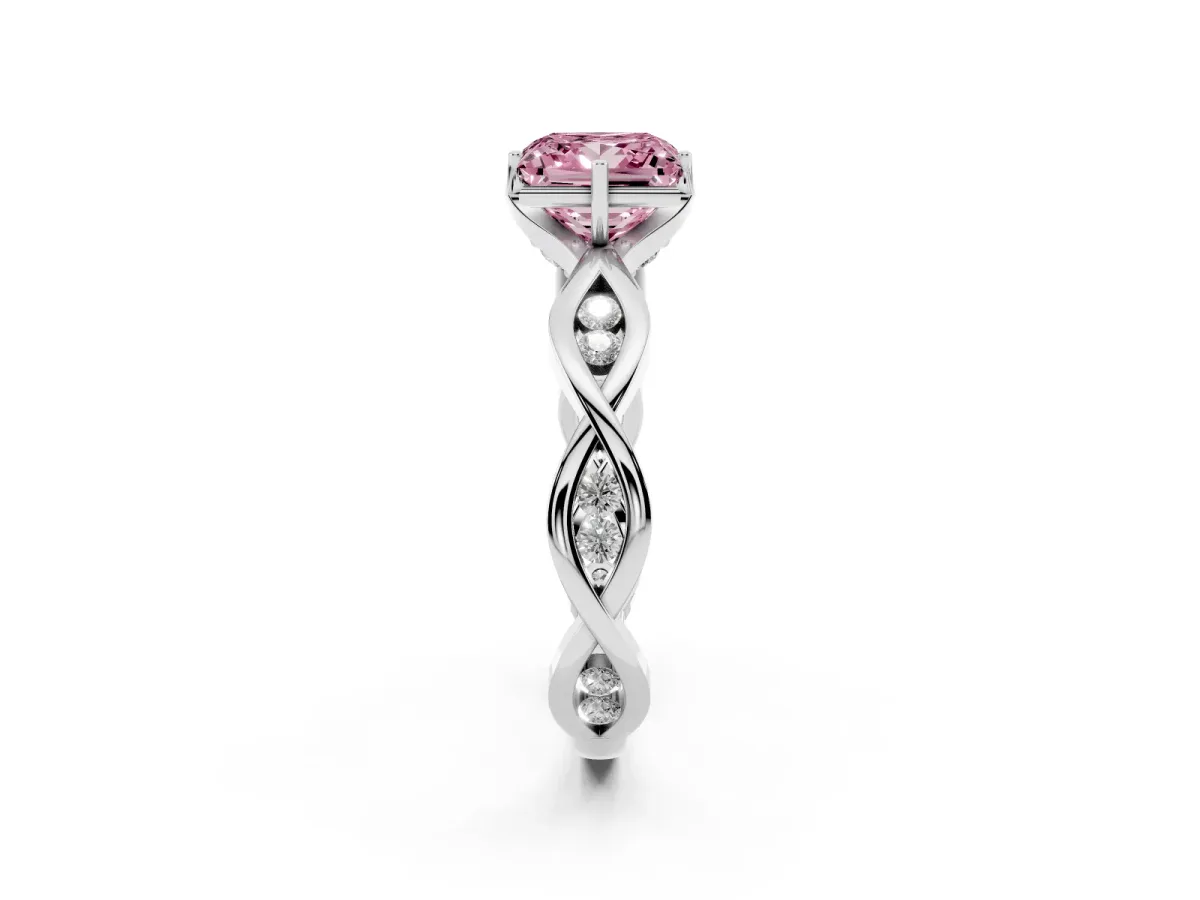 Fancy Pink Princess Cut Solitaire Twist Band with Leaf Prong Setting Silver