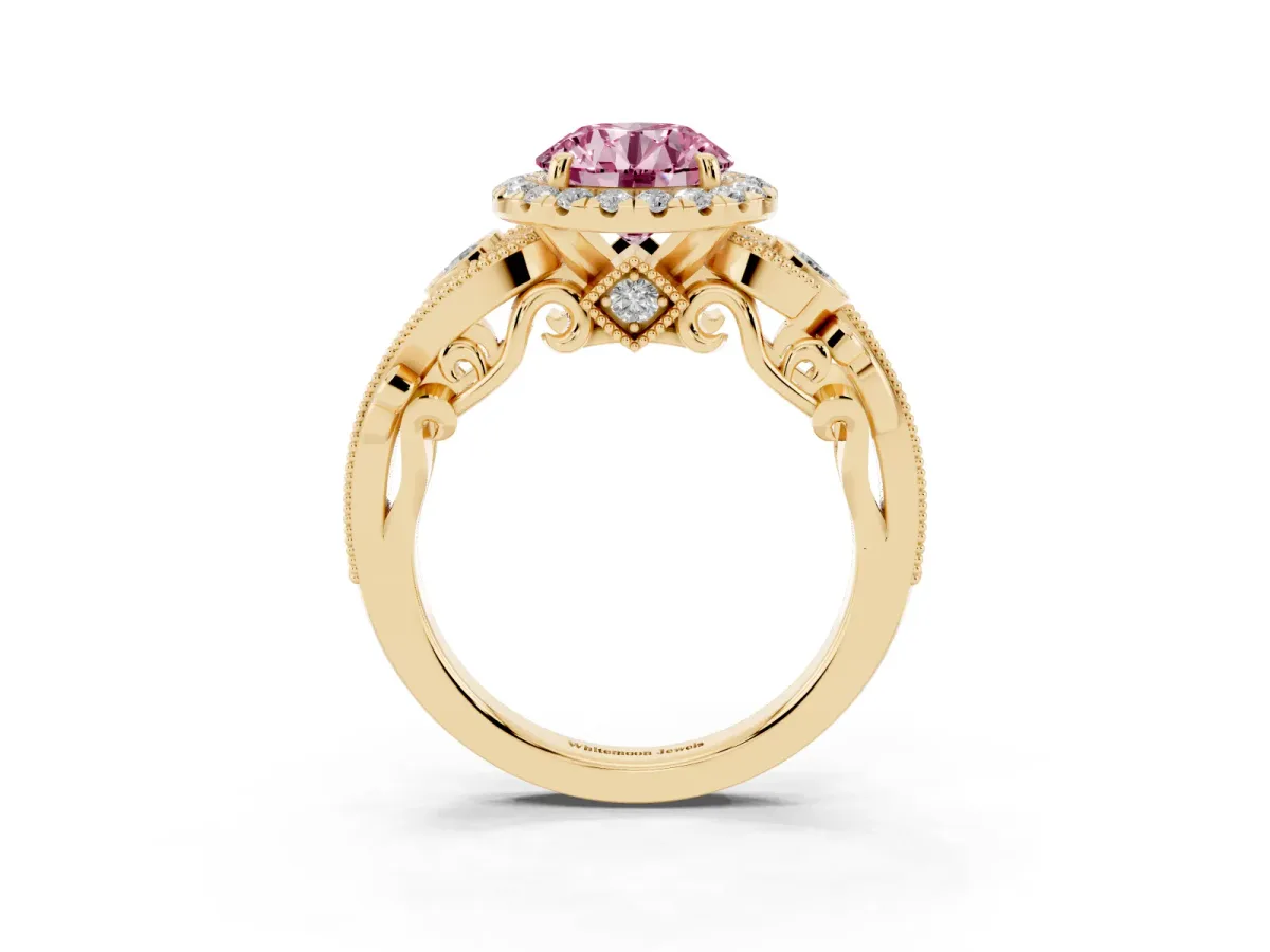 Fancy Pink Round Cut Halo Diamond Ring with Milgrain and Bezel Accents on a Split Shank Band Yellow gold
