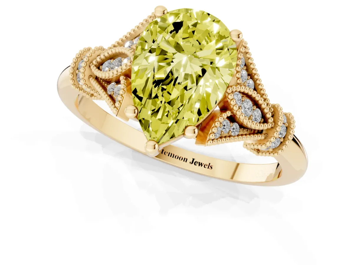 Fancy Yellow Pear Cut Diamond Solitaire Ring with Floral Filigree and Pave Accents Yellow gold