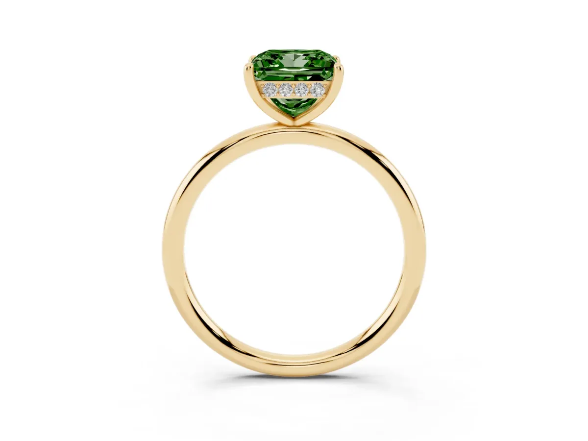 Fancy Green Princess Cut Solitaire Diamond Ring with a Classic Band and Four-Prong Setting Yellow gold