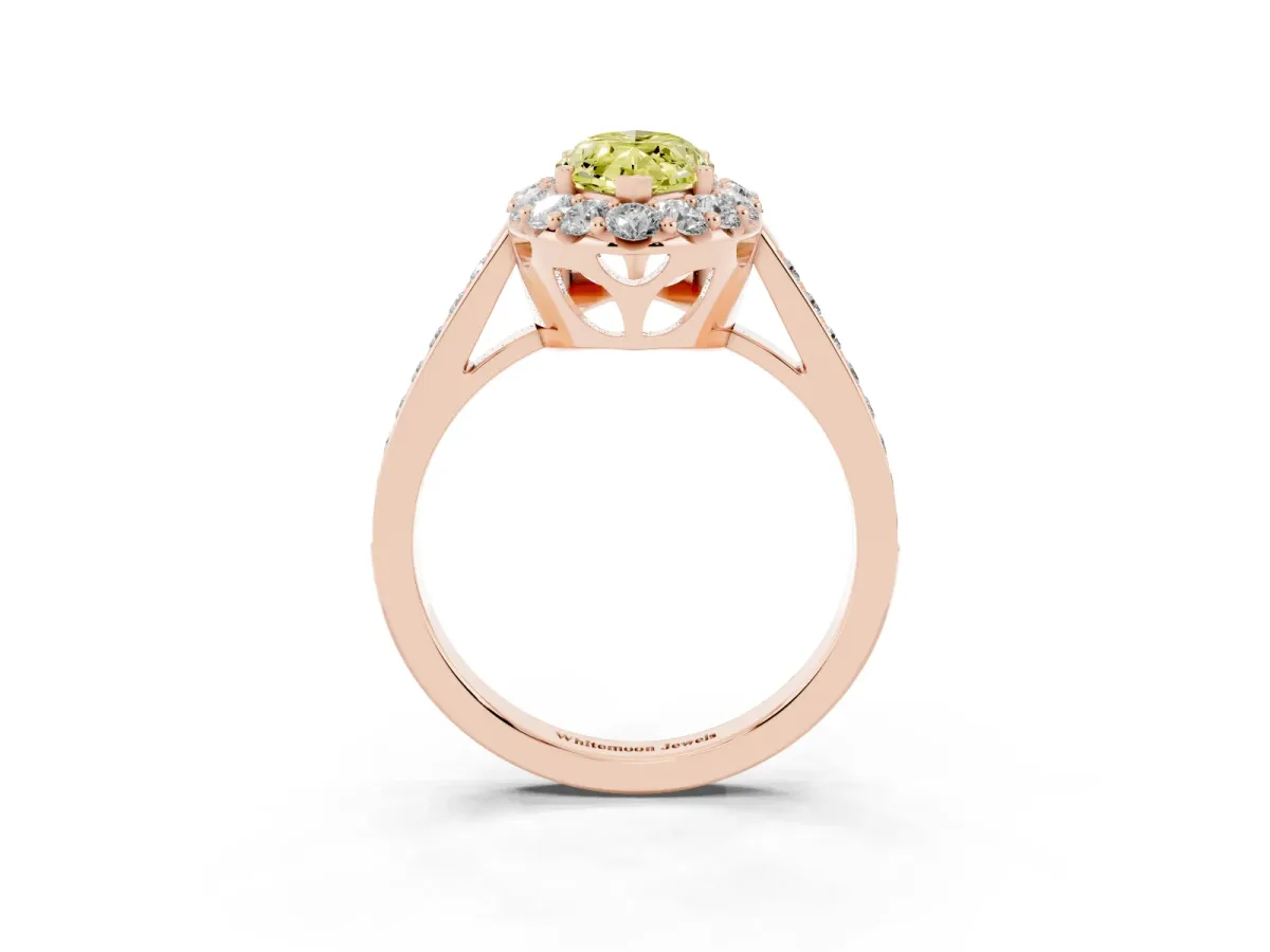 Fancy Yellow Marquise Cut Diamond Floral Halo Ring with Pavé Band and Prong Setting Rose gold