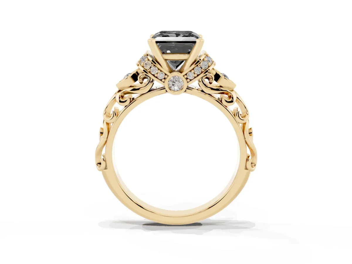Fancy Black Princess Cut Diamond Solitaire Ring with Filigree Band and Four-Prong Setting Yellow gold