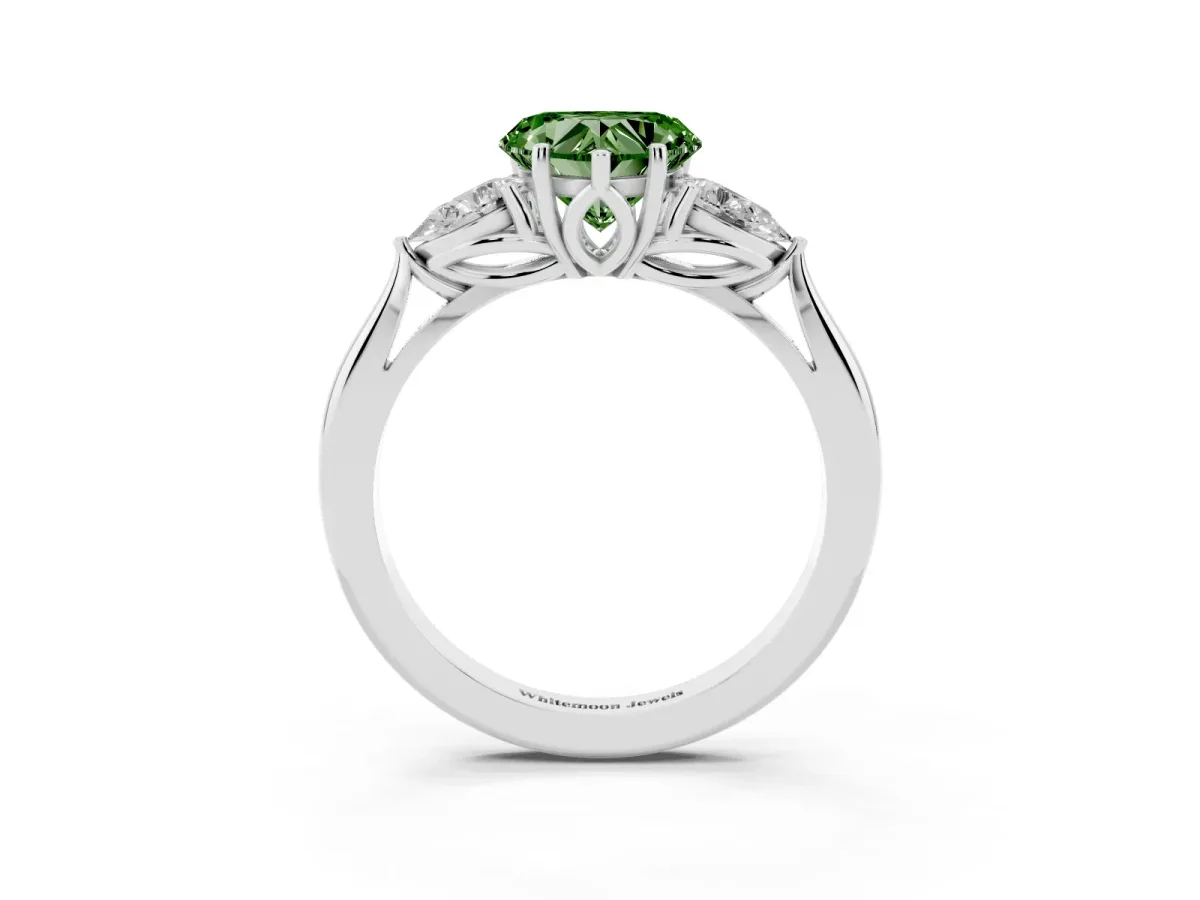 Fancy Green Three-Stone Heart Cut Brilliant Diamond Solitaire Ring with Tapered Band and Four-Prong Setting Silver