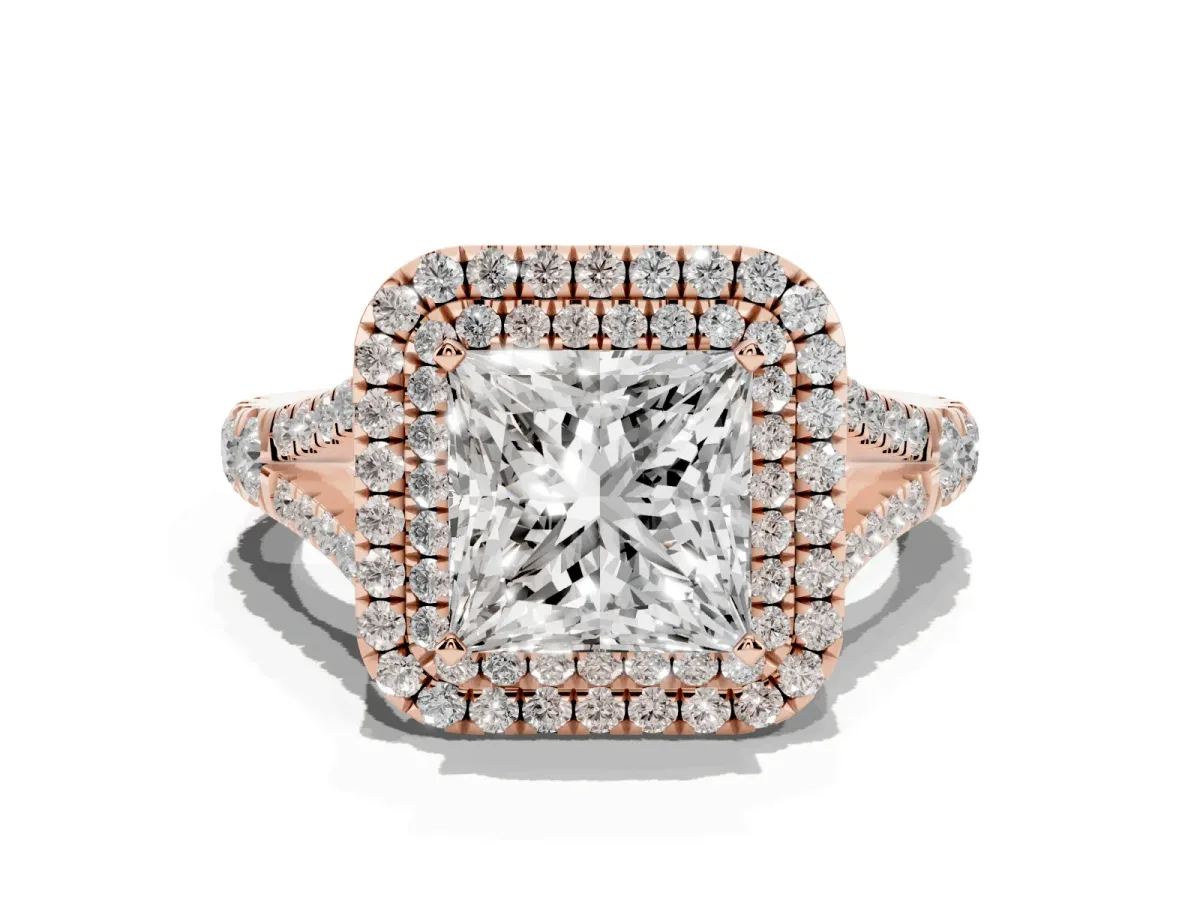 Princess Cut Diamond Pavé Split Shank Double Halo Engagement Ring Rose gold