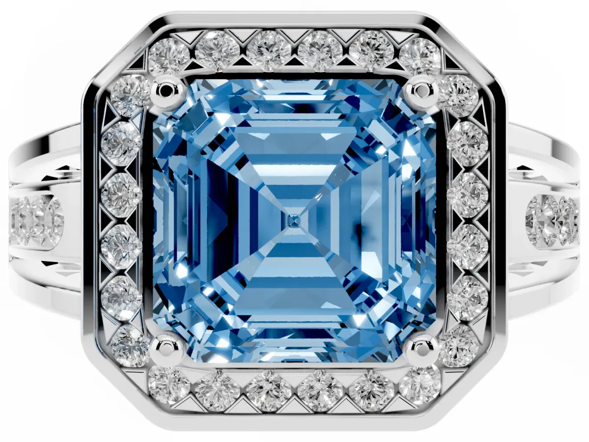 Fancy Blue Asscher Cut Diamond Halo Ring with Split Shank and Bezel Accents and Prong Setting Silver