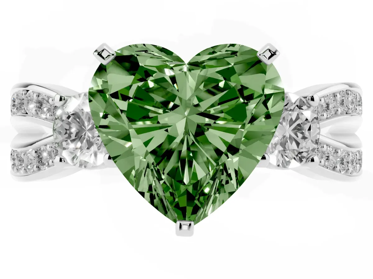 Fancy Green Three-Stone Heart Cut Cut Diamond Twist Band with Prong Setting Silver