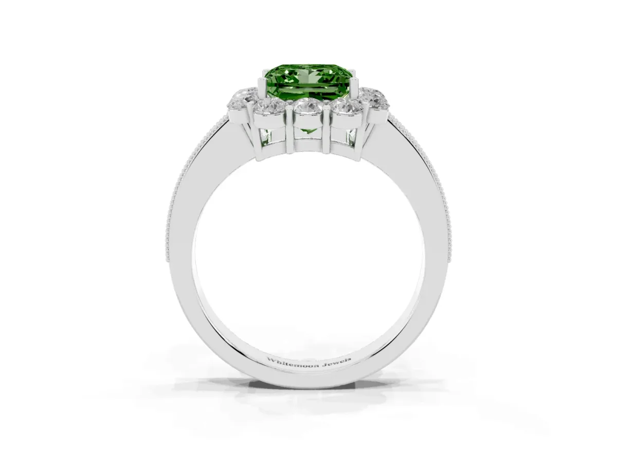 Fancy Green Princess Cut Cut Halo Diamond Pavé Engagement Ring with Milgrain Detailing Silver