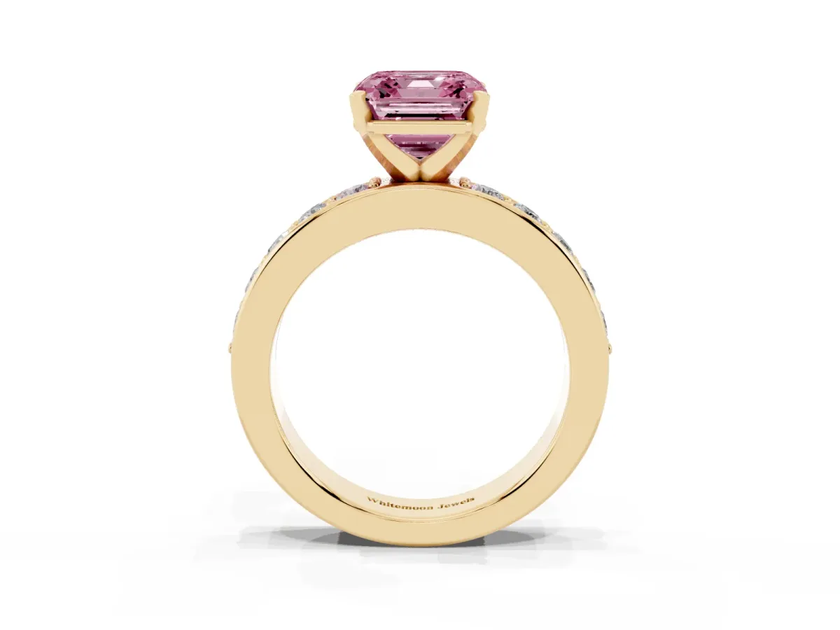 Fancy Pink Asscher Cut Diamond Engagement Ring with Channel Set Round Band and Prong Setting Yellow gold