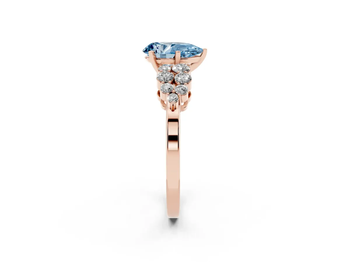 Fancy Blue Pear Cut Cluster Diamond Engagement Ring with Pavé Band and Four-Prong Setting Rose gold