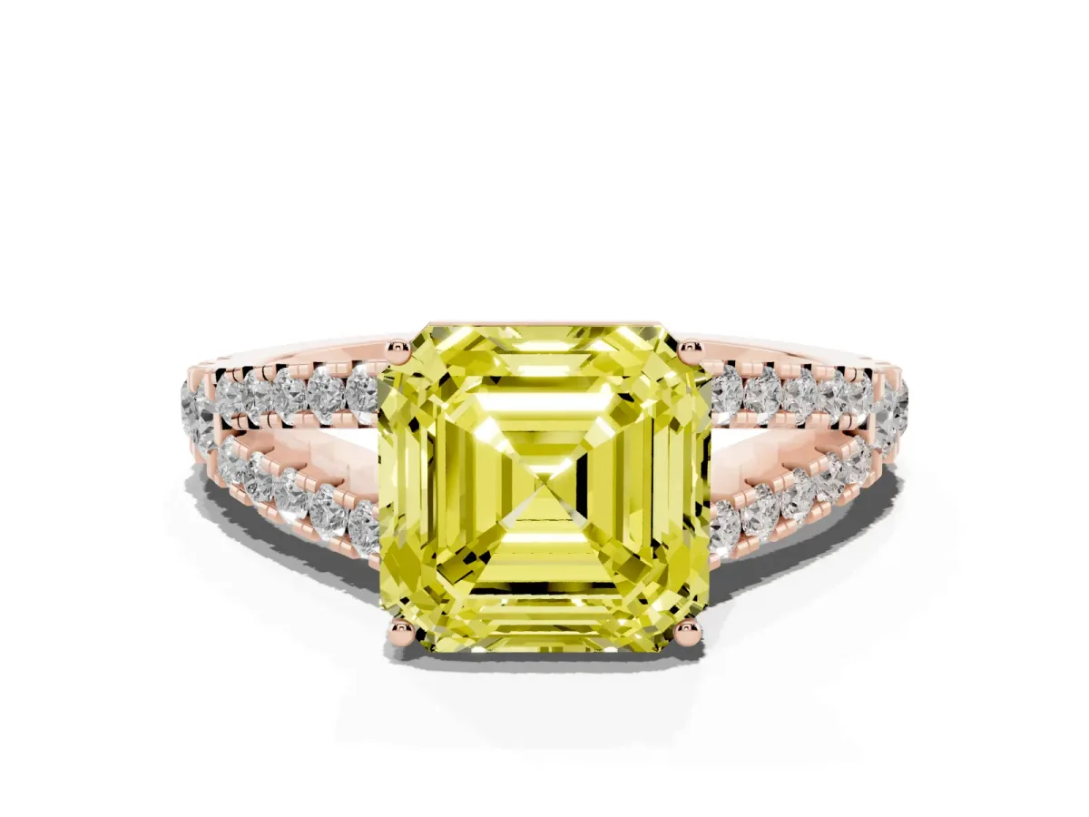 Fancy Yellow Asscher Cut Diamond Split Shank Engagement Ring with Round Pavé and Prong Setting Rose gold