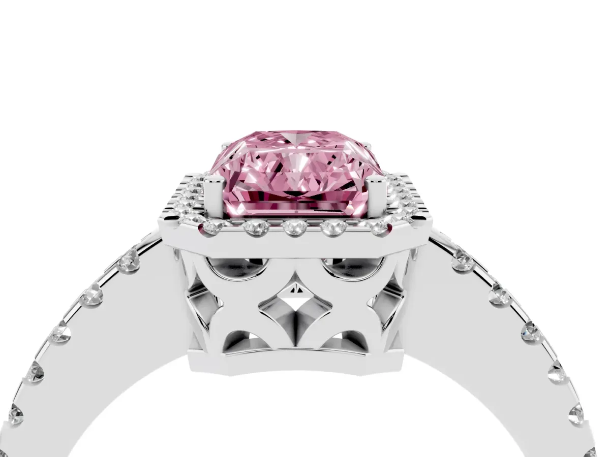 Fancy Pink Radiant Cut Diamond Halo Engagement Ring with Pavé Band and Prong Setting Silver