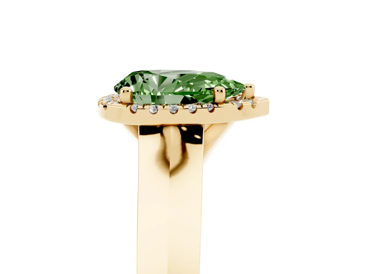 Fancy Green Pear Cut Halo Diamond Ring with Cathedral Band and Four-Prong Setting Yellow gold