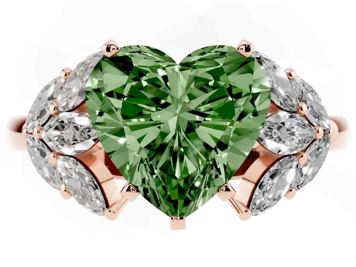 Fancy Green Heart Cut Diamond Cluster Leaf Design Ring with Prong Setting Rose gold