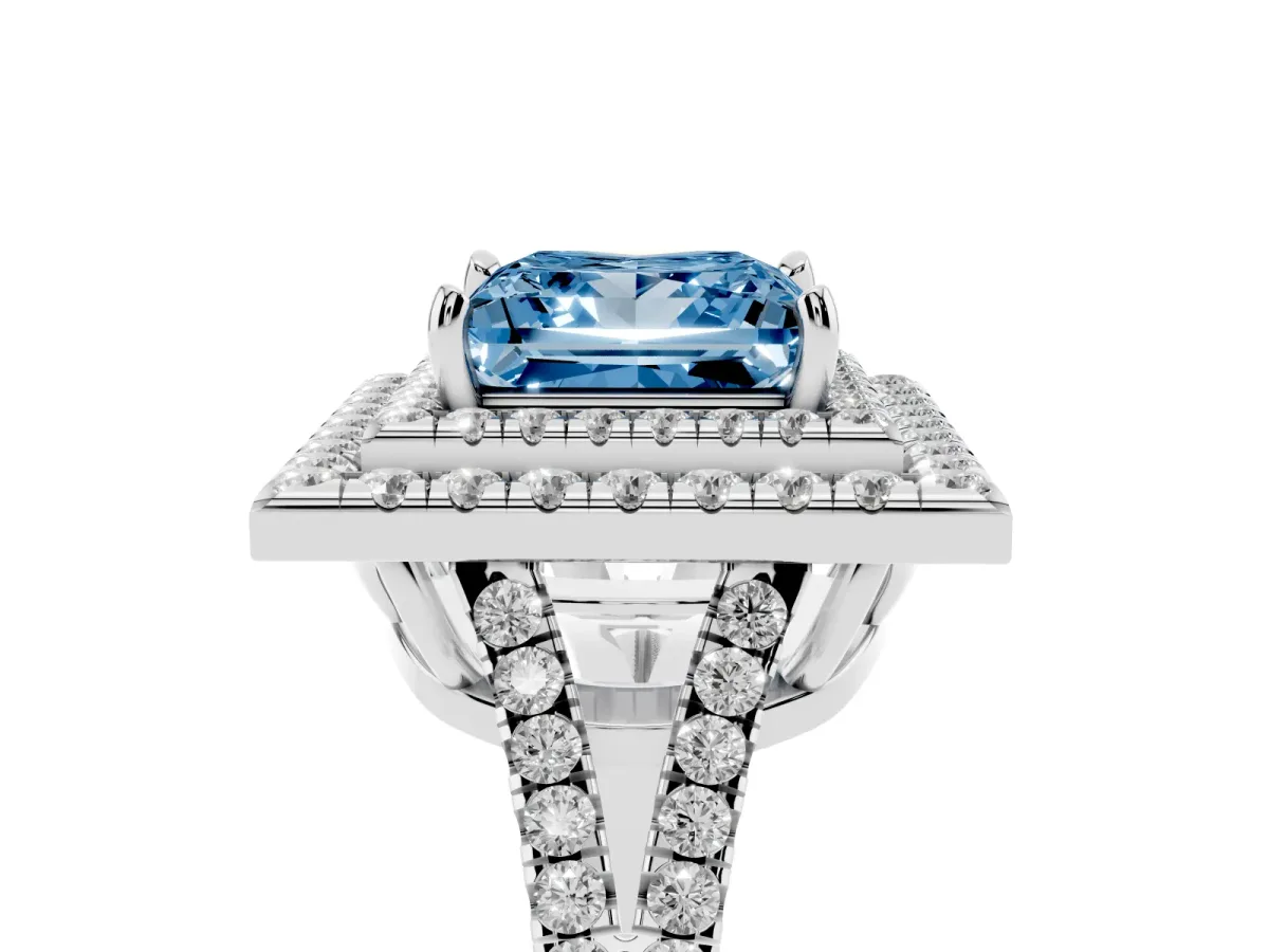Fancy Blue Princess Cut Diamond Double Halo Ring with Pavé Band and Prong Setting Platinum