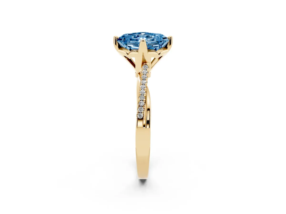 Fancy Blue Asscher Cut Solitaire Twist Band with Pavé Diamonds and Four-Prong Setting Yellow gold