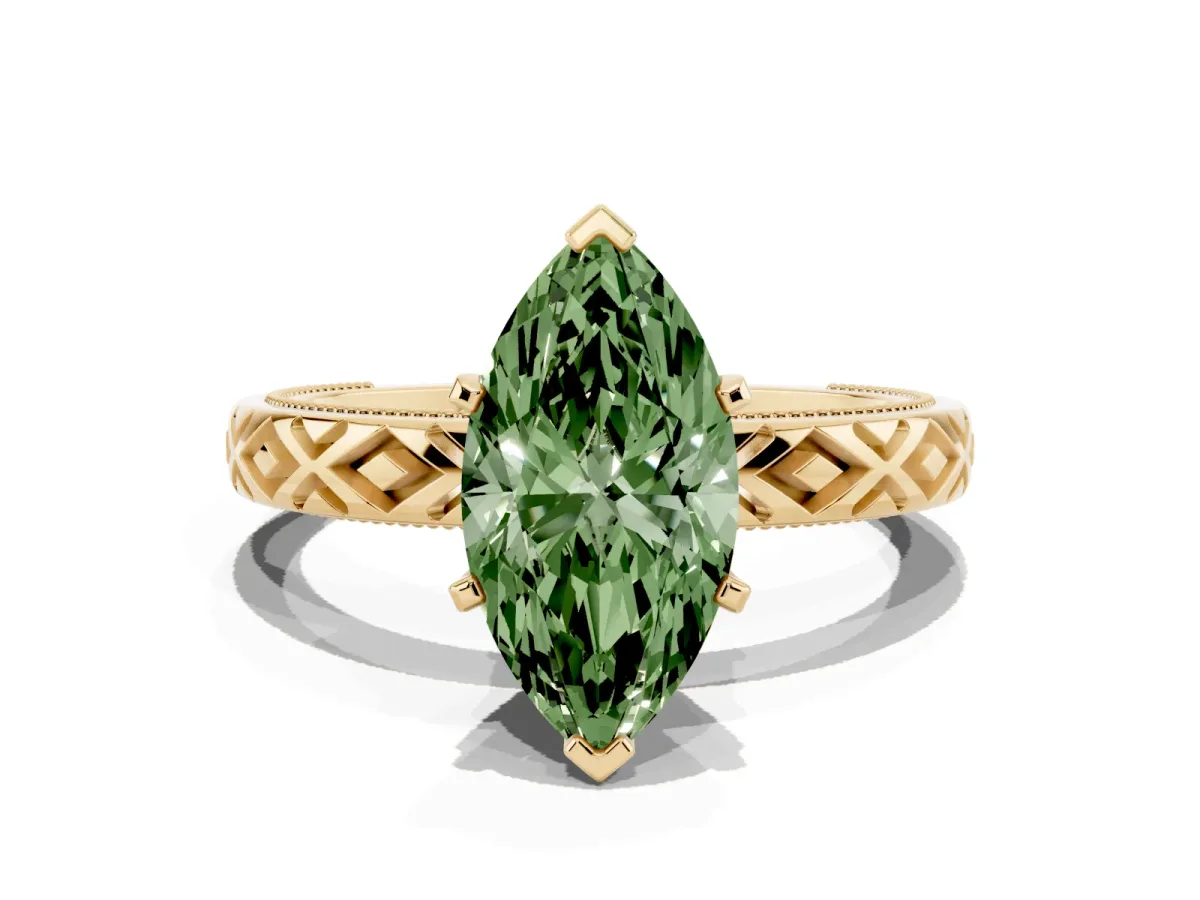 Fancy Green Marquise Cut Solitaire Diamond Ring with Milgrain and Black Enamel X Pattern Band Yellow gold