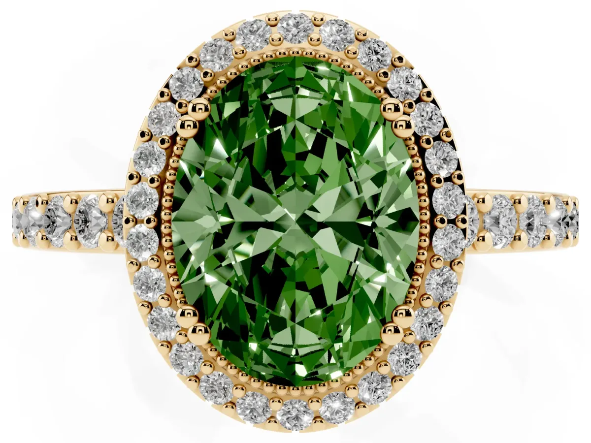 Fancy Green Oval Cut Cut Diamond Halo Engagement Ring with Milgrain Detail and Pavé Band Yellow gold