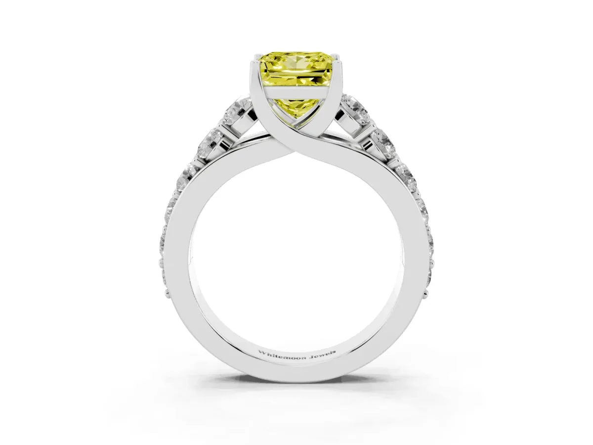 Fancy Yellow Princess Cut Diamond Engagement Ring with Pavé Band and Four-Prong Setting Silver