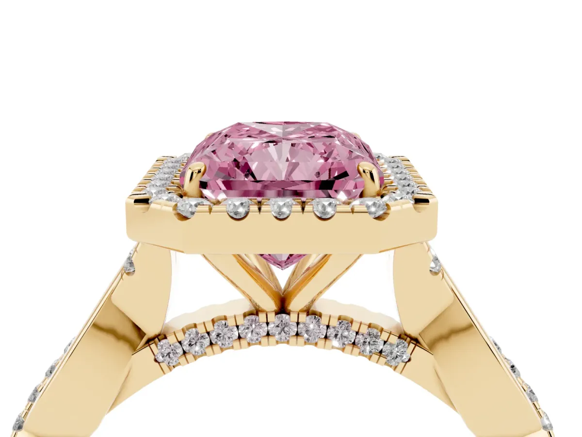 Fancy Pink Radiant Cut Halo Twist Band Solitaire Ring Yellow gold