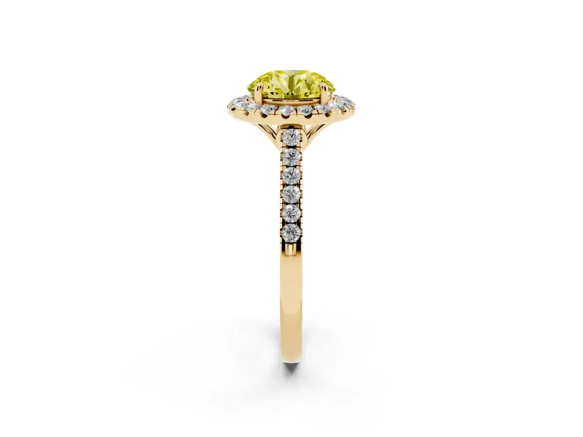 Fancy Yellow Round Cut Halo Pavé Diamond Engagement Ring with Four-Prong Setting Yellow gold