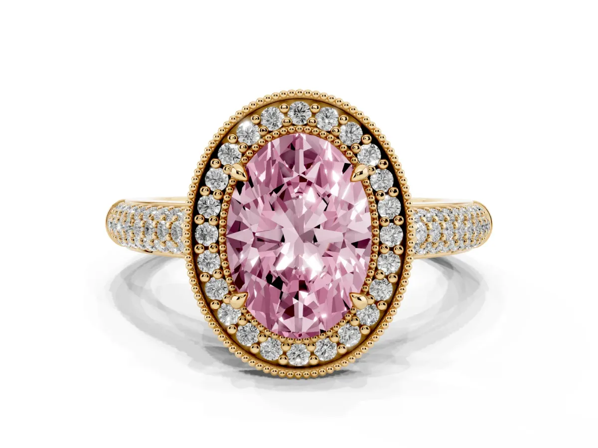 Fancy Pink Oval Cut Cut Halo Diamond Pave Band with Four-Prong Setting Yellow gold