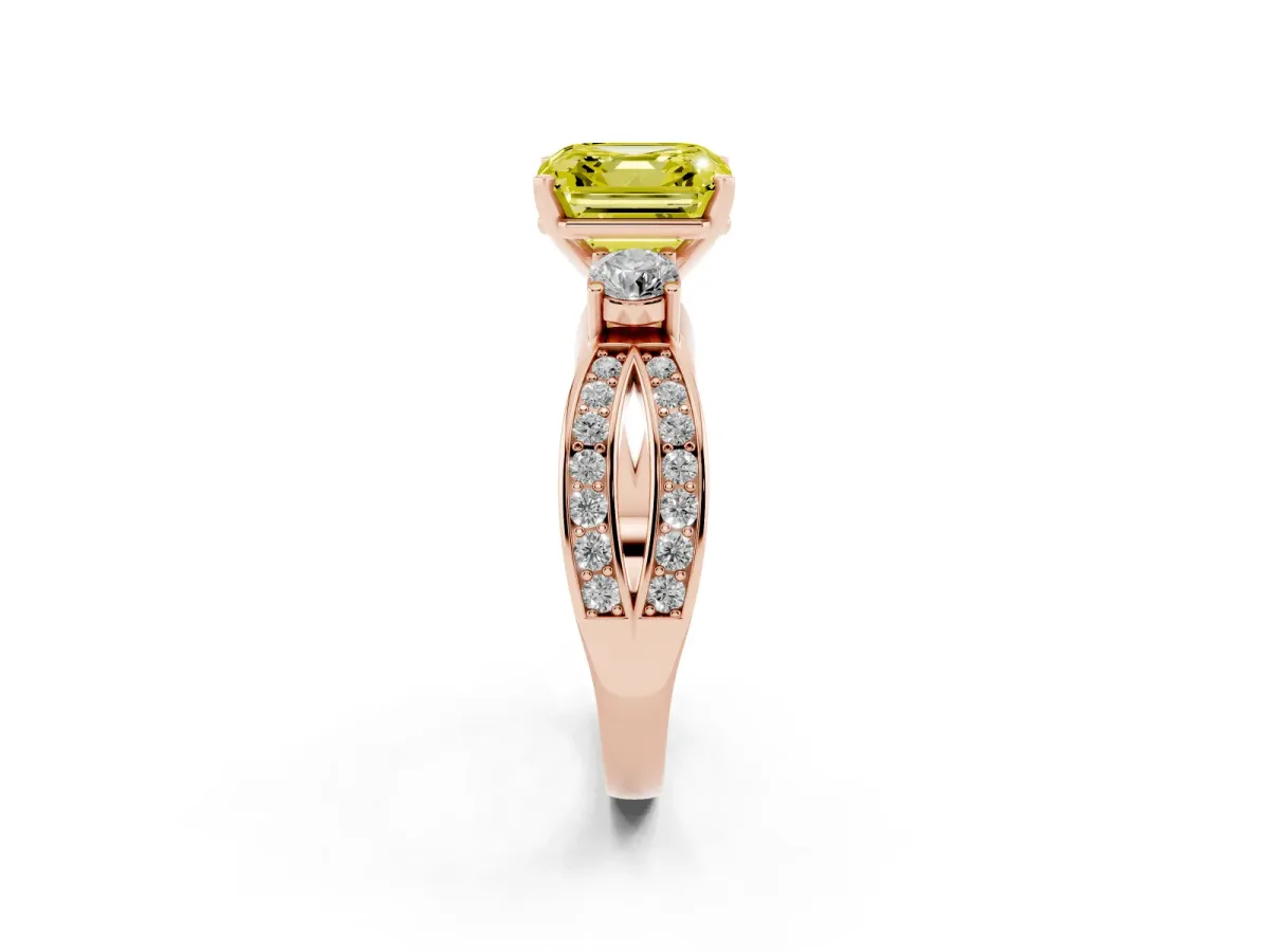 Fancy Yellow Three-Stone Asscher Cut Cut Diamond Twist Band with Prong Setting Rose gold
