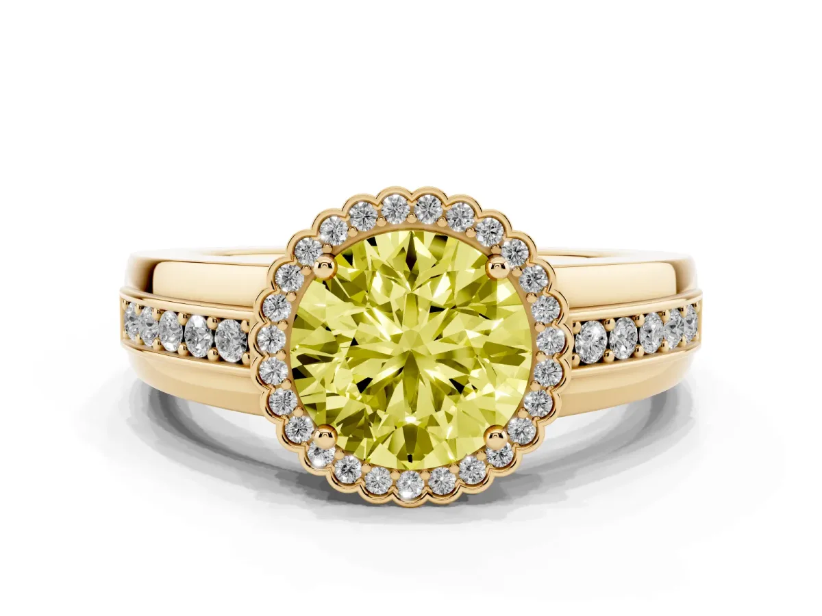Fancy Yellow Round Cut Cut Halo Pave Band Four-Prong Ring Yellow gold