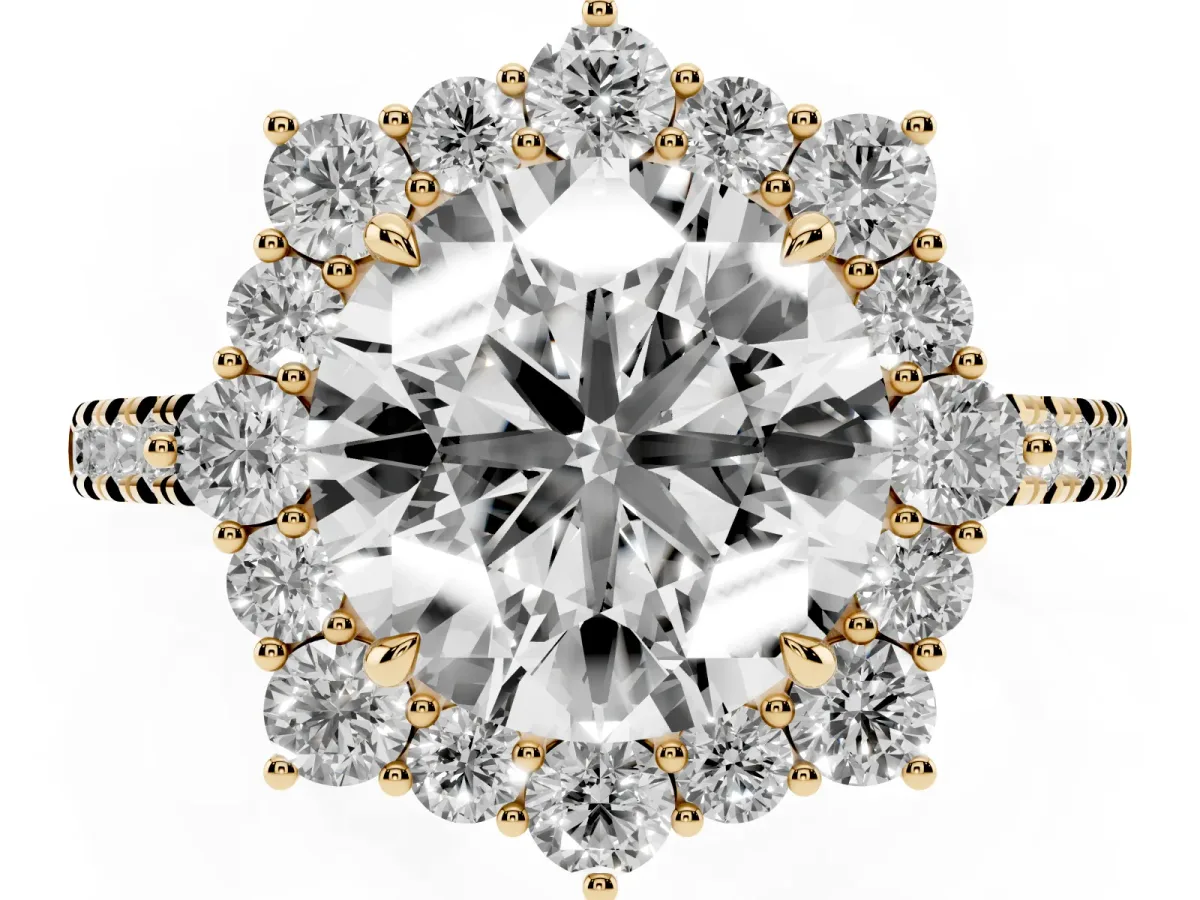 Round Cut Halo Diamond Ring with Pavé Band and Prong Setting Yellow gold