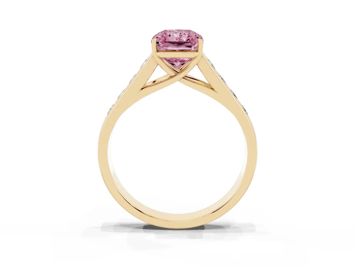 Fancy Pink Radiant Cut Brilliant Channel-Set Solitaire Ring with Four-Prong Setting Yellow gold