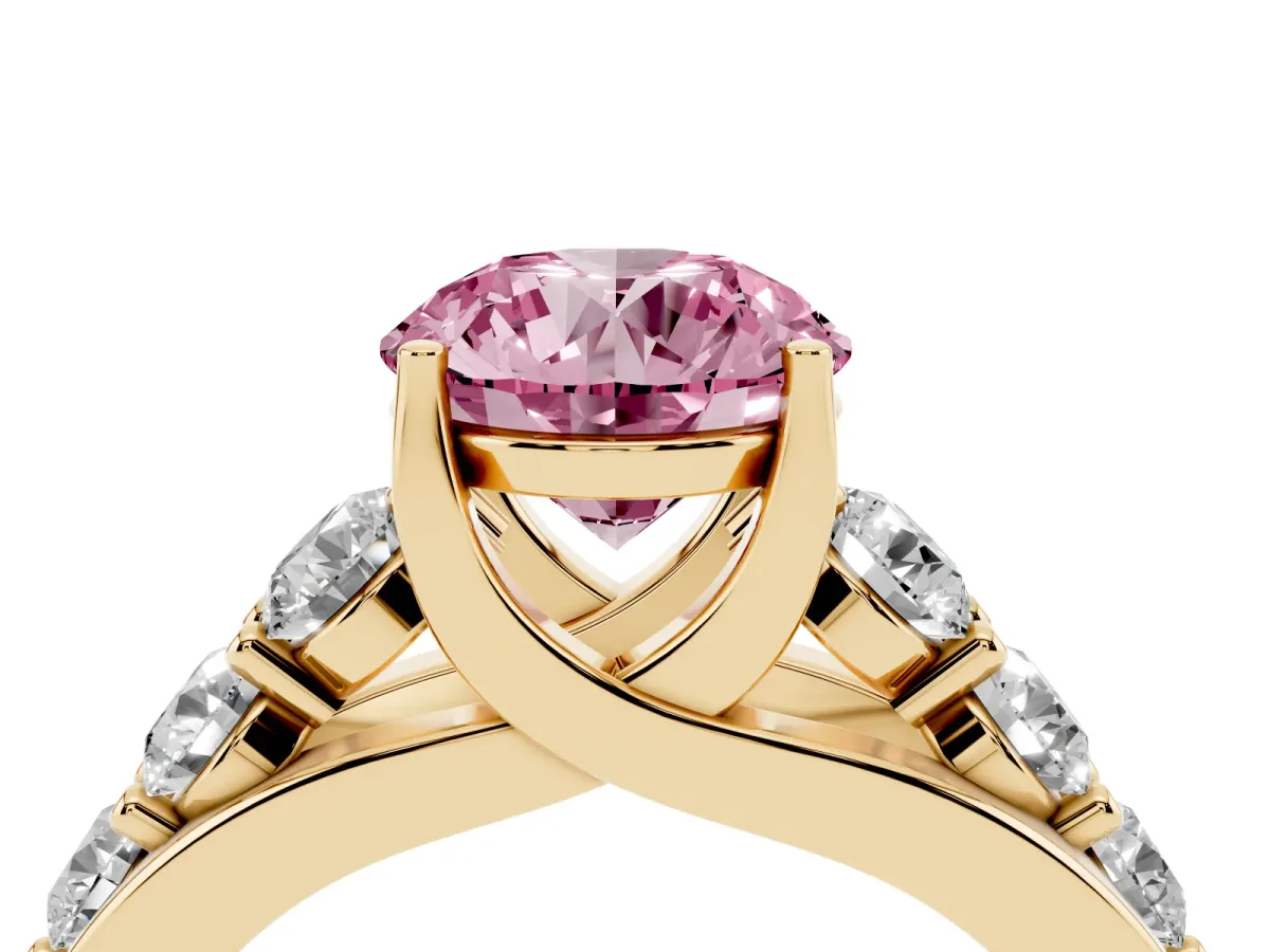 Fancy Pink Round Cut Diamond Engagement Ring with Pavé Band and Four-Prong Setting Yellow gold