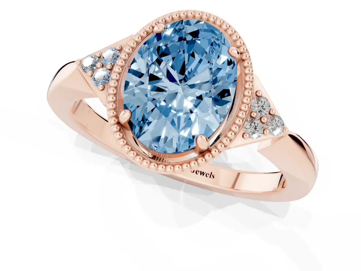 Fancy Blue Oval Cut Diamond Halo Ring with Tapered Band and Four-Prong Setting Rose gold