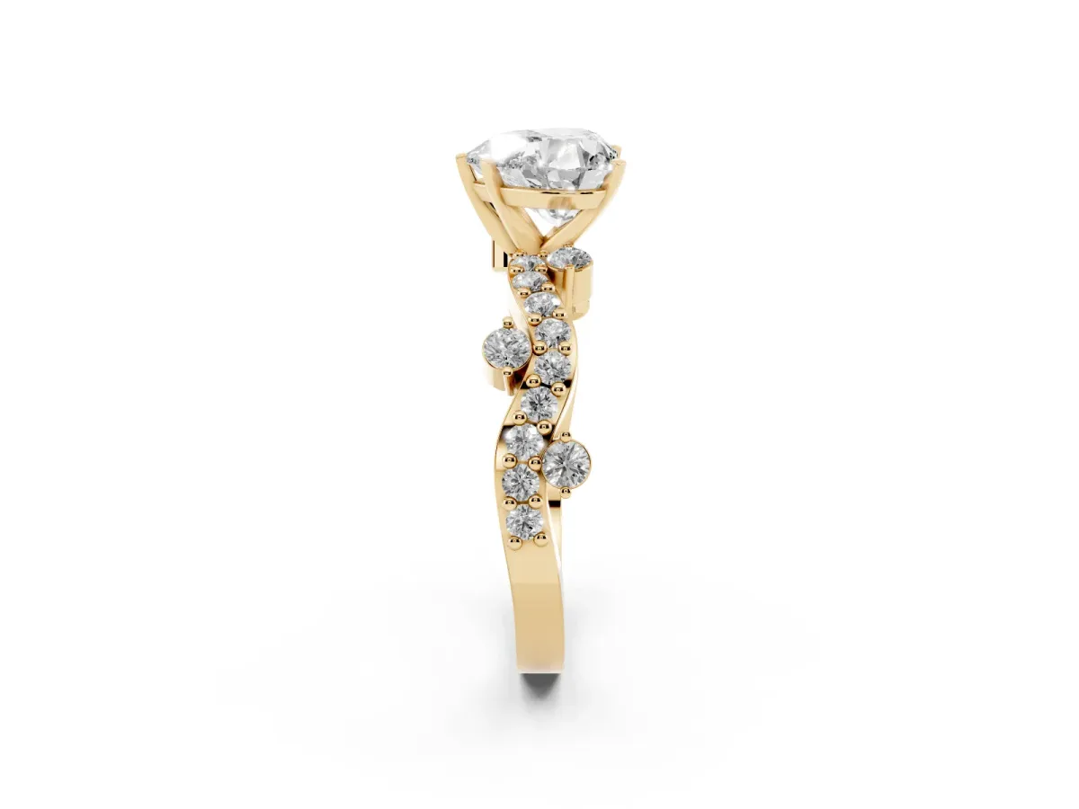 Heart Cut Cut Solitaire Diamond Twisted Band with Pave Setting Yellow gold