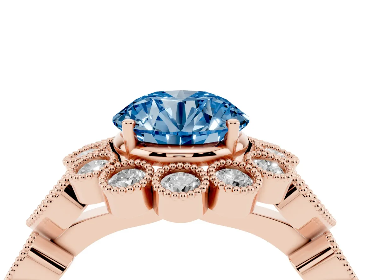 Fancy Blue Round Cut Brilliant Milgrain Pave Heart Band Solitaire Ring Rose gold