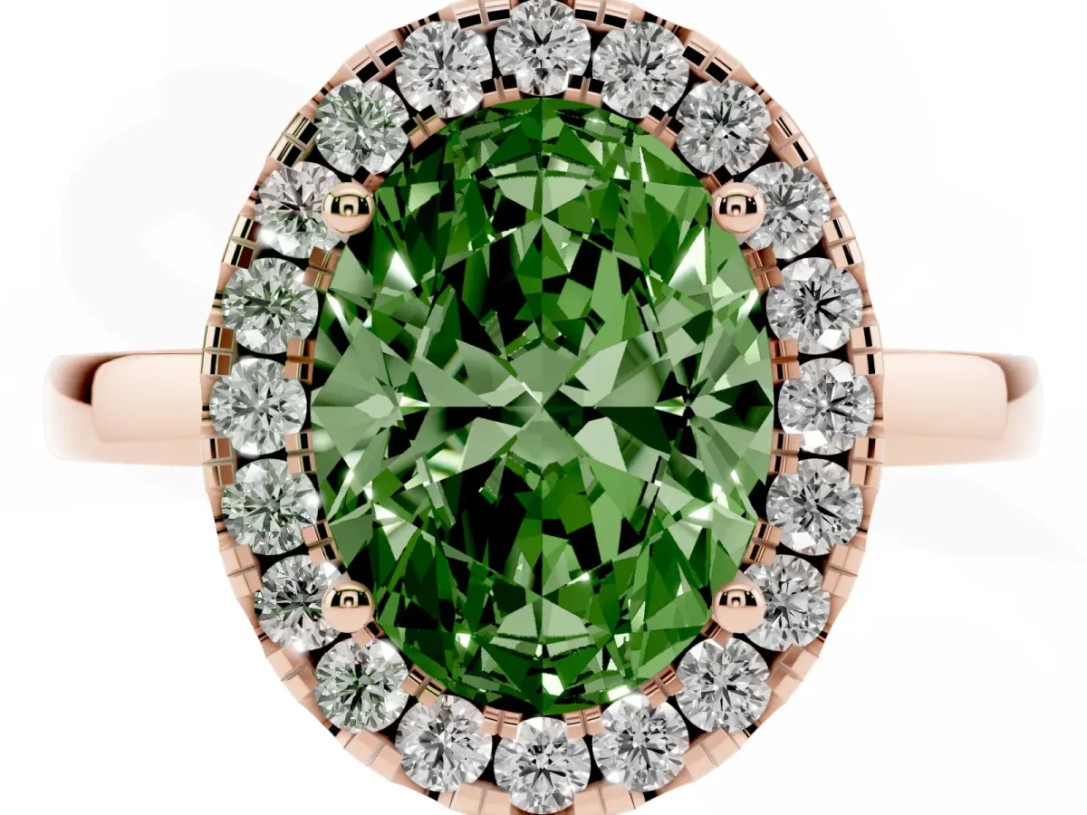 Fancy Green Oval Cut Halo Diamond Solitaire with Pavé Band and Four-Prong Setting Rose gold