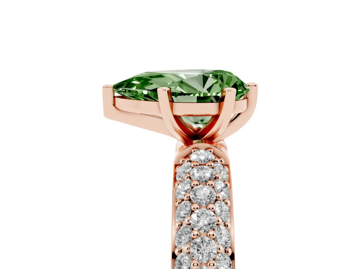 Fancy Green Pear Cut Diamond Solitaire Ring with Prong Setting and Pavé Band Rose gold