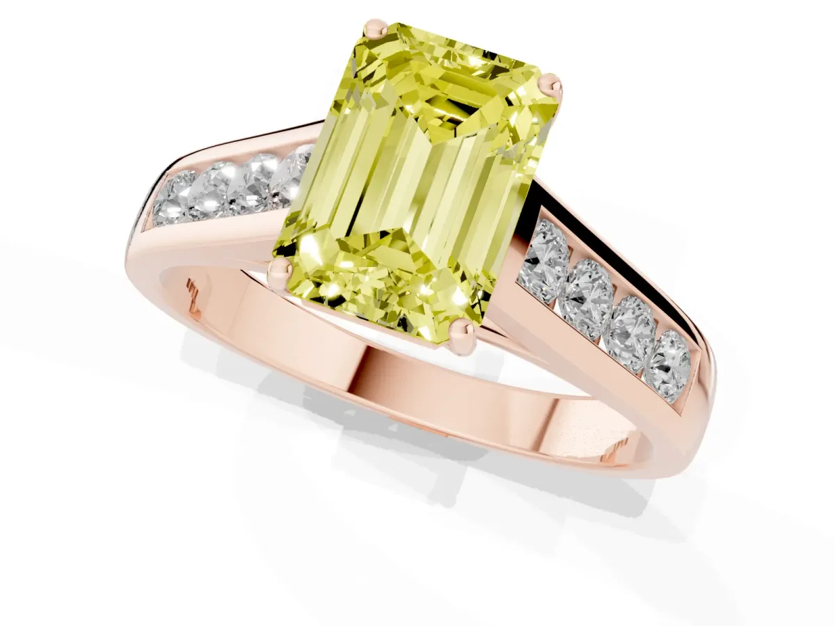 Fancy Yellow Emerald Cut Brilliant Channel-Set Solitaire Ring with Four-Prong Setting Rose gold