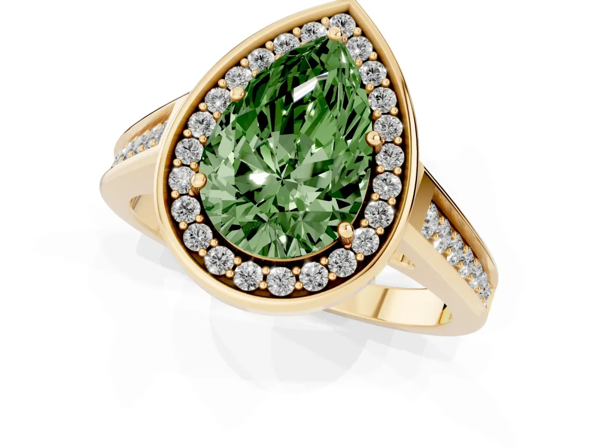 Fancy Green Pear Cut Halo Solitaire Diamond Ring with Pave Band and Bezel Setting Yellow gold