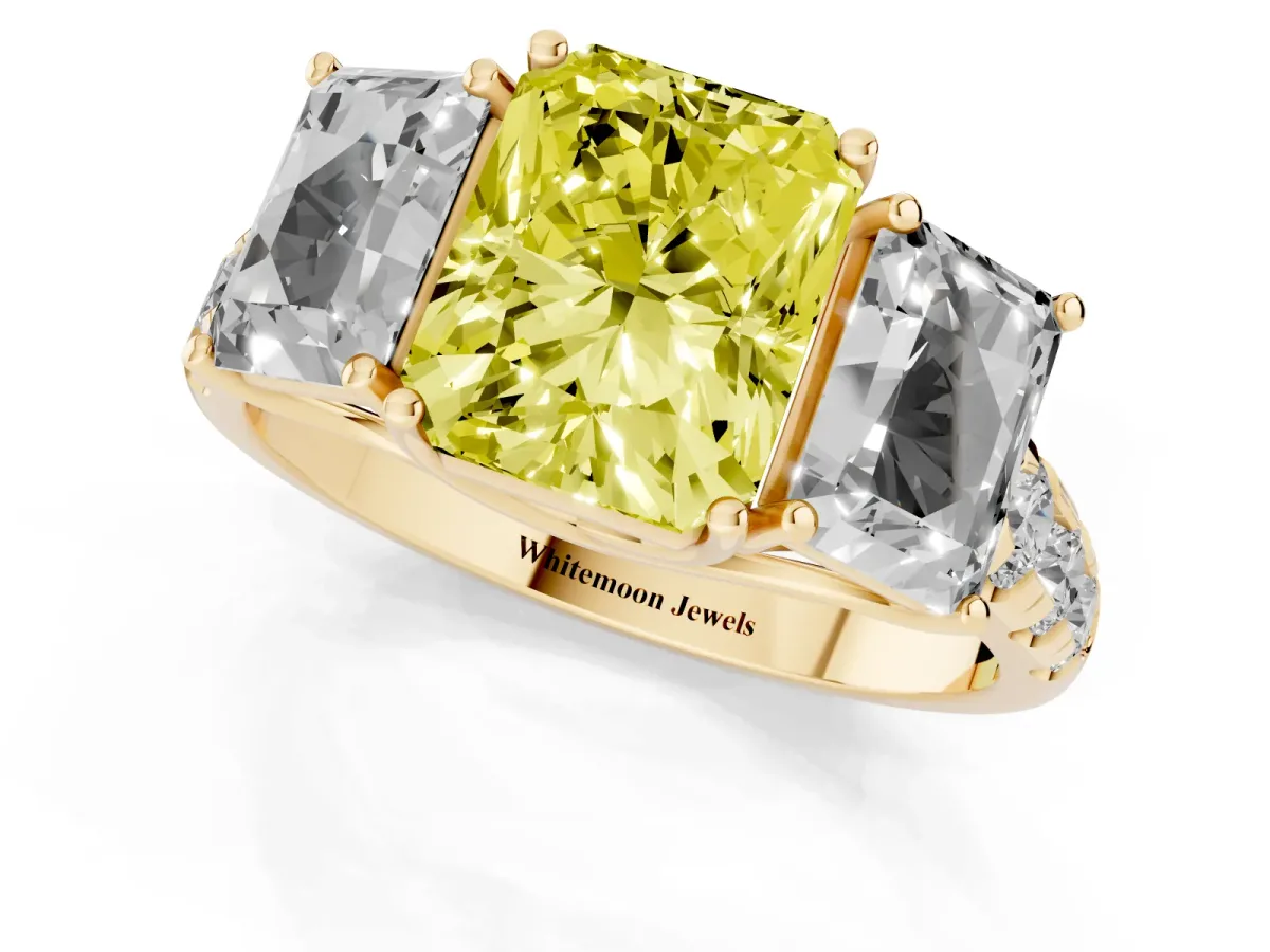 Fancy Yellow Three-Stone Radiant Cut Diamond Pavé Band with Prong Setting Yellow gold