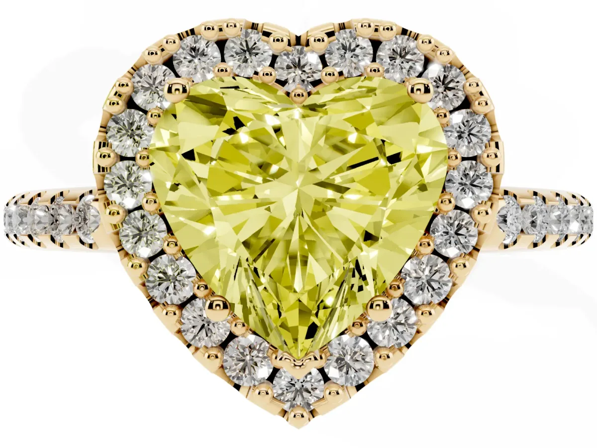 Fancy Yellow Heart Cut Diamond Pavé Halo Ring with Four-Prong Setting Yellow gold